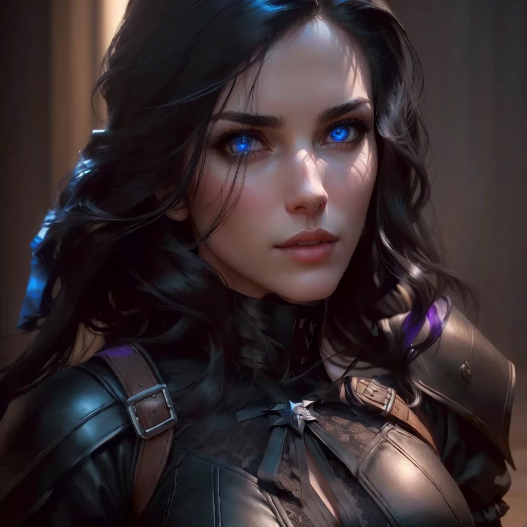 The image of a woman who has violet eyes and dark hair. Her gaze is directed towards shipping. She wears a sexy black sorceress outfit that shows off her large, sexy breasts and contrasts sharply with her skinny, sexy breasts. The background is minimalist, featuring a dark, smooth surface that further emphasizes the subject. yennefer, Yennefer of Vengerberg, 8k portrait rendering, cinematic bust portrait, 8k 3D rendering character art, cinematic realistic portrait, [4k photorealism], female character, mirabel madrigal rendering, 4k photorealism, 4k photorealism
