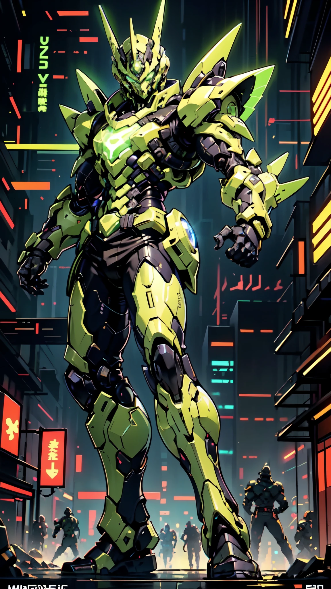 (masterpiece:1.5, best quality:1.5, extremely delicate:1.5, foreshortening:1.5, dynamic angle:1.5), a man wearing a full-face helmet, a fantasy-style biotech armored combat suit, green eyes, (a composite layered chest armor), fully enclosed shoulder guards, matching arm and leg guards, the belt is adorned with neon circuitry, (the color scheme is primarily black glow with green and red accents), the design balances heavy with agility, a high-tech bio-mecha armor, (Armor Concept Inspired by neon Cyberpunk, stand on the top of a skyscraper in a futuristic sci-fi city), this character embodies a finely crafted fantasy-surreal style armored hero in anime style, exquisite and mature manga art style, (element, plasma, energy, the armor glows), ((male:1.5)), metallic, high definition, highres, ultra-detailed, ultra-fine painting, professional, perfect body proportions, golden ratio, anatomically correct, symmetrical face, extremely detailed eyes and face, high quality eyes, creativity, RAW photo, UHD, 32k, Natural light, cinematic lighting, masterpiece-anatomy-perfect