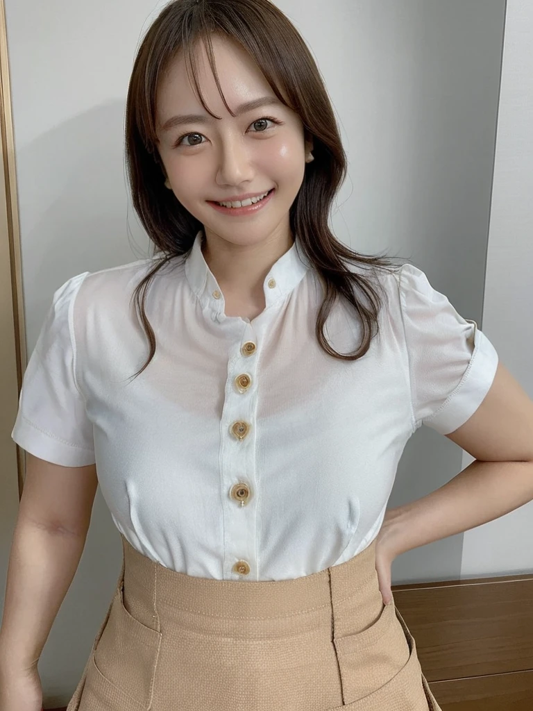 Highest quality、masterpiece、、Very detailed、Realistic、(One girl)、(Looking at me with a smile:1.5)、whole body、Small face、Narrow shoulders、Thin and beautiful legs、Tight and slim waist、(Big Breasts)、(Shirt with buttons and collar)、(mini skirt)