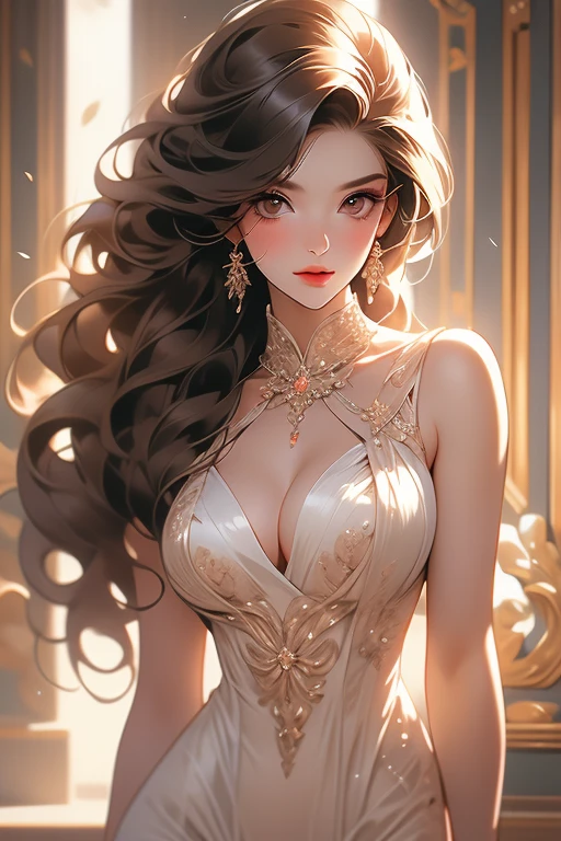beautiful light brunette woman, dressed in a tight suit typical of southern Mexico; conquering, flirtatious, seductive look; fine details of the eyes, fine details of the eyelashes, fine details of the beautiful curvature of the woman's body; fine details of her breasts; masterpiece; very high definition