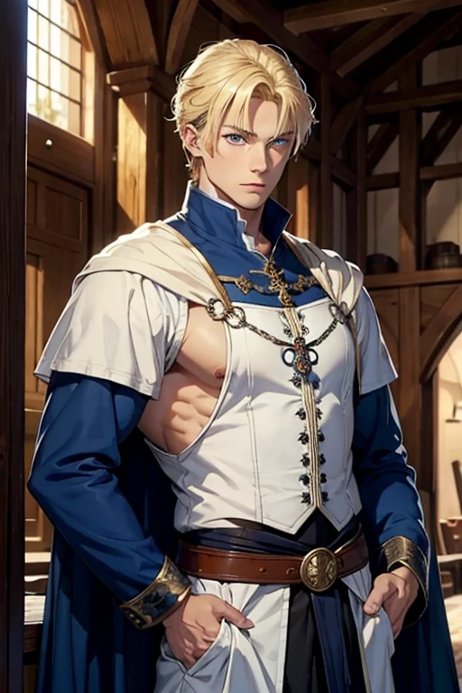 blonde man with blue eyes,muscular and well dressed in medieval clothes,apparently rich