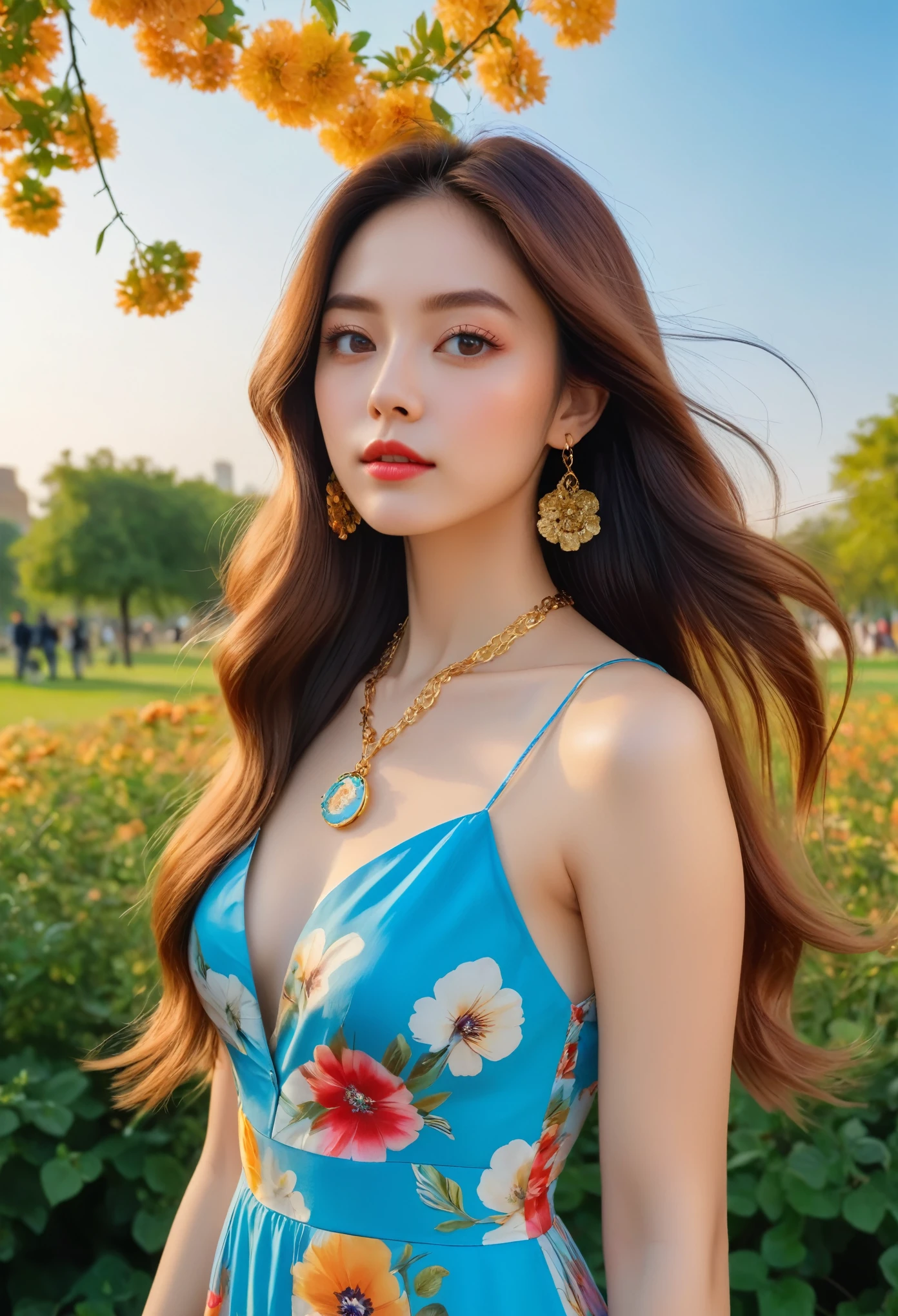 A photo of an extremely beautiful girl with long hair, wearing a colorful floral dress and gold necklace in the park, with a light blue sky. She has a round face, big eyes, full lips, high cheekbones, defined jawline, natural skin tone, natural makeup, and natural lighting. Posted on a WeChat group chat in 2024, the photo was shot in the style of Canon EOS R5 at F8 and ISO1600, from a front view.
