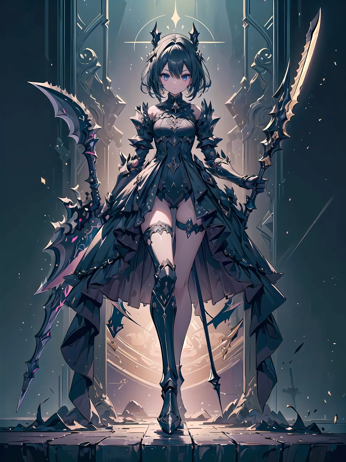 (((masterpiece, best quality, high detailed, 8k))) Design a layout showcase Gaming character, (1girl). Black|Gold clothes, stylish and unique. ((showcase weapon:1.4)), dark scythe. (masterpiece:1.2), (best quality), 4k, ultra-detailed. (Step by step design, layout art:1.5), (luminous lighting, atmospheric lighting). necromancer, ((glove full hands)), (((revealing clothes:1.3))), vambraces, armored legwear, (((full_body_shot:1.4))). {In a haunted graveyard}.