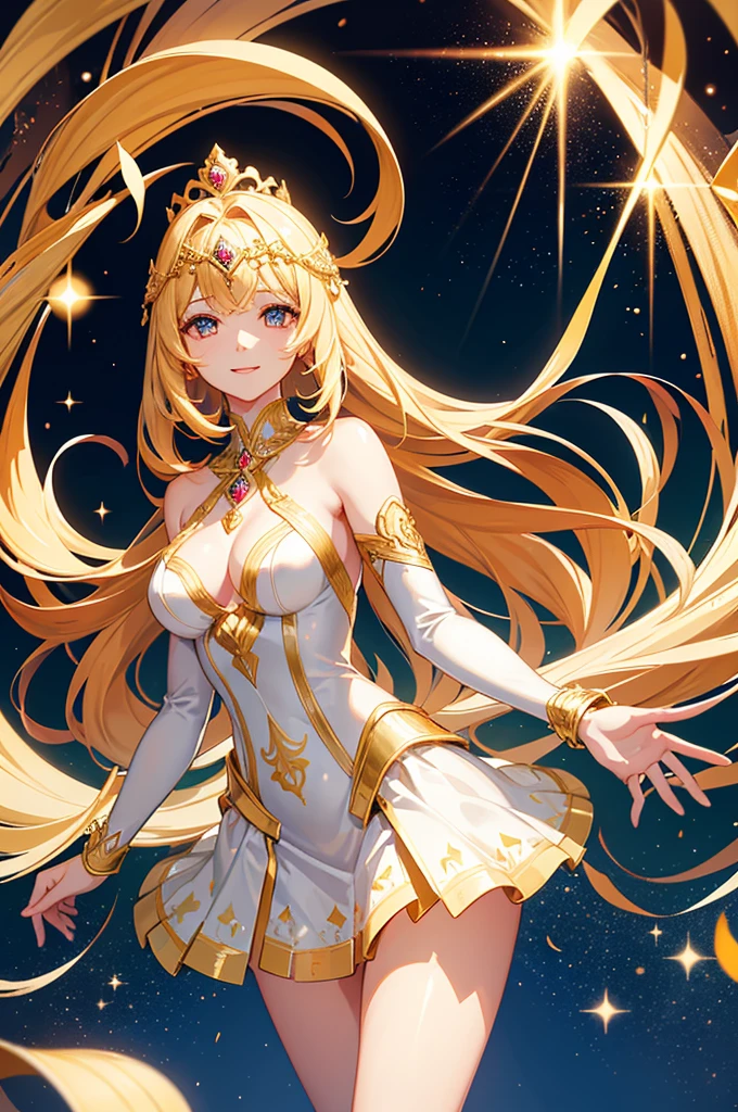 Golden Goddess Seraphina, Majestic Goddess of Love and Magic, Her hair is a cascade of stars, Her eyes shine with mysterious power. Her hands shine warm and charmingly. Her presence is a light of hope and joy. Her golden aura is a sparkling aura of love and protection. Perfect face, Proper body proportion, masutepiece, Super high-quality output images, A high resolution, Intricate details, Very delicate and beautiful hair, photographrealistic, Dreamy, Professional Lighting, realistic shadow, Solo Focus, Beautiful hands, Beautiful fingers, Detailed finger features, detailed clothes features, Detailed hair features, detailed facial features, smiling