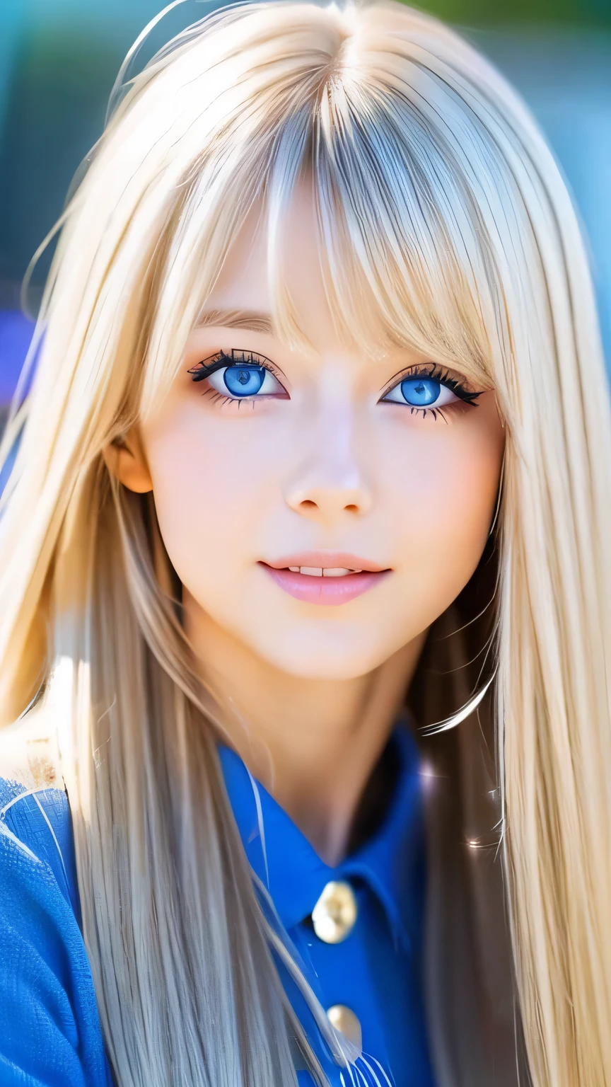 Very beautiful face、Super Long Hair、windy silky blonde super long hair、Swinging bangs、19 year old cute sexy blue eyed blonde girl、Hair above the eyes、片Hair above the eyes、Hair between the eyes、Big bright blue eyes that sparkle so beautifully、eyeliner、Bright expression、