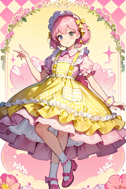  yellow gingham dress with light yellow apron with pink polka-dotted edges and pockets. Her shoes are fuchsia Mary Janes with red bows along with pink socks. SPARKLE; GLITTER