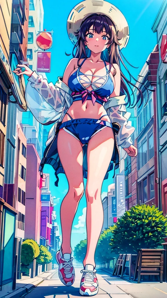masterpiece Unreal Engine Anime Style Delicate painting 4K 90's giant Multiple Girls crowd Local metropolis Residential Street apartment Apartment 高層apartment街の谷間に立っている巨大なBikini Swimwearの女の子 Bikini Swimwear paola sneakers Straw hat smile female giant giant girl Whole body Destroyed skyscrapers Destroyed cars Crowd Unreal Engine,cleavage ,a drawing of a , earrings, long hair, 1980s (style) Cute picture Beauty Analog style whole body sneakers