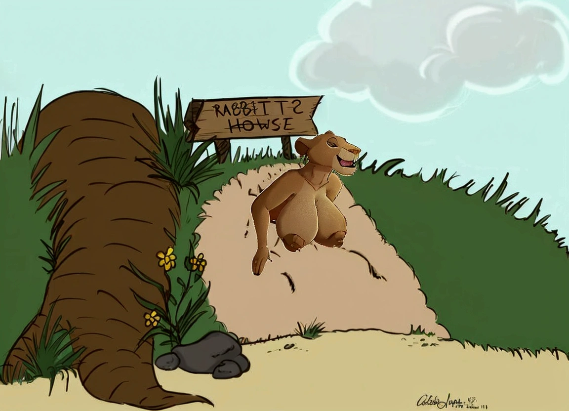 cartoon of a dog sitting on a dirt path next to a sign, don!!!! bluth!!!!, ( dog ) jumps over hill, don!!! bluth!!!, inspired by Don Bluth, rabbit, jar jar binks, rabbt_character, be running up that hill, dog jumps over hill, don bluth!!!, don bluth!!