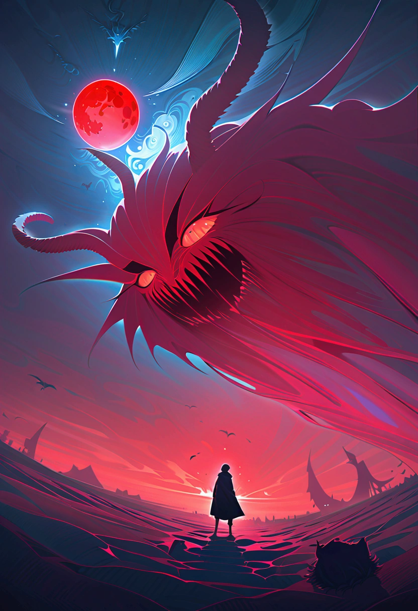 Mythical creatures, author：Zdzislaw Beksiński and Vincent van Gogh, Red moon and big eyeucha
