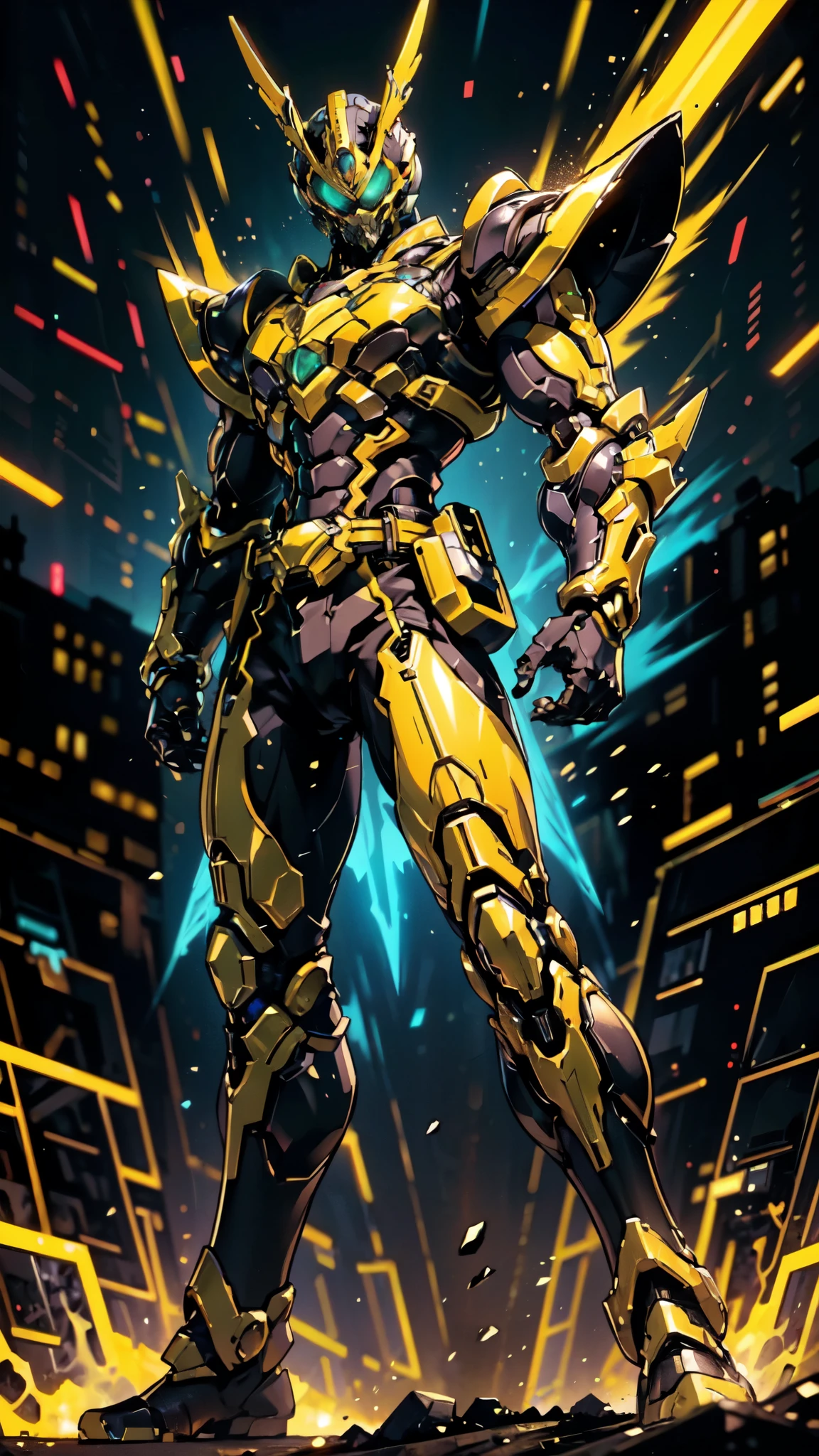 (masterpiece:1.5, best quality:1.5, extremely delicate:1.5, foreshortening:1.5, dynamic angle:1.5), a man wearing a full-face helmet, a fantasy-style biotech armored combat suit, green eyes, (a composite layered chest armor), fully enclosed shoulder guards, matching arm and leg guards, the belt is adorned with neon circuitry, (the color scheme is primarily black glow with green and red accents), the design balances heavy with agility, a high-tech bio-mecha armor, (Armor Concept Inspired by neon Cyberpunk, stand on the top of a skyscraper in a futuristic sci-fi city), this character embodies a finely crafted fantasy-surreal style armored hero in anime style, exquisite and mature manga art style, (element, plasma, energy, the armor glows), ((male:1.5)), metallic, high definition, highres, ultra-detailed, ultra-fine painting, professional, perfect body proportions, golden ratio, anatomically correct, symmetrical face, extremely detailed eyes and face, high quality eyes, creativity, RAW photo, UHD, 32k, Natural light, cinematic lighting, masterpiece-anatomy-perfect