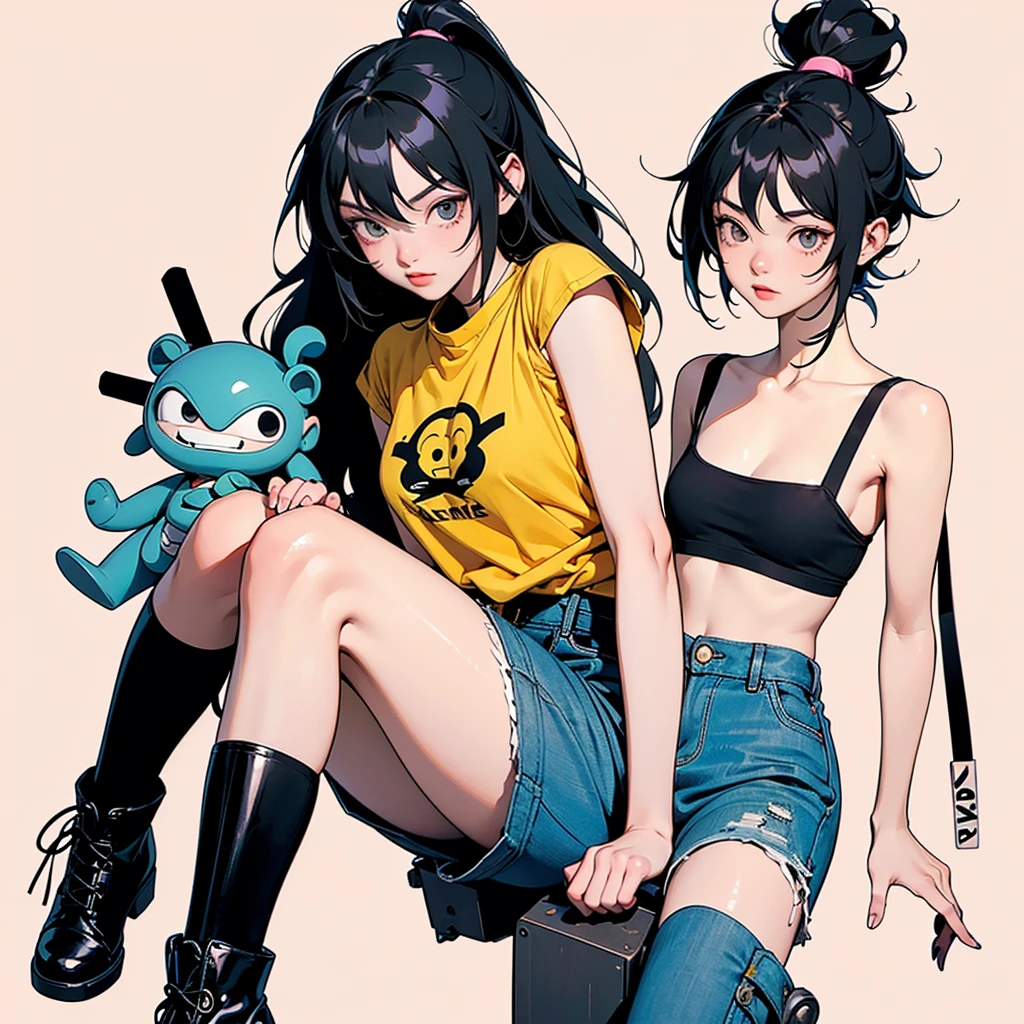 girl similar to gorillaz noodle, black long hair ((drawing)). She is wearing only underwear, striped knee-high socks, and black boots. The character is carrying a large green rocket launcher on her shoulders, with a small toy tank at her feet. She also holds a dangling pink doll in one hand. The background is a solid yellowish color with a worn and aged appearance, giving the image a retro style. a touch of humor and quirky elements."