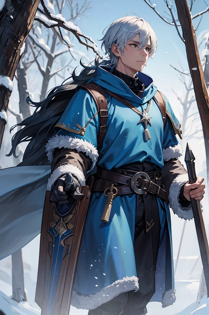 Adult man in medieval winter clothes with a shield in one hand and a mace in the other blue clothes