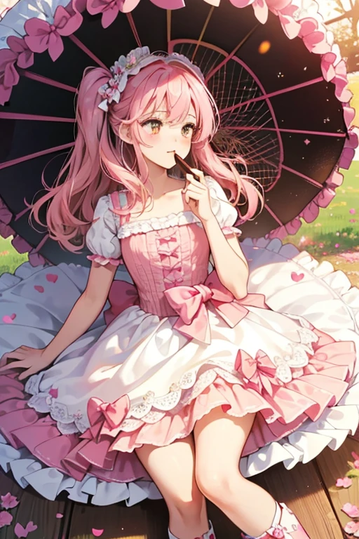 Crumbs has crimped her hair and adorns it with a carnation pink bow. Seeping down from the bow is white frosting covered with hot pink and sunshine yellow sprinkles. A heart-shaped cookie is resting in the center. She wears a white and sunshine yellow checkered dress with a white tulle collar. Around her waist is a sunshine yellow ribbon with tiny white dot print, while the top of her skirt has a scarlet red and tan brown section reminiscent of a cookie. Along the hem of her dress is hot pink tulle. For shoes, she wears carnation pink boots with a chocolate brown sole and hot pink bow on the white toe. Comes with white socks. SPARKLE; GLITTER
