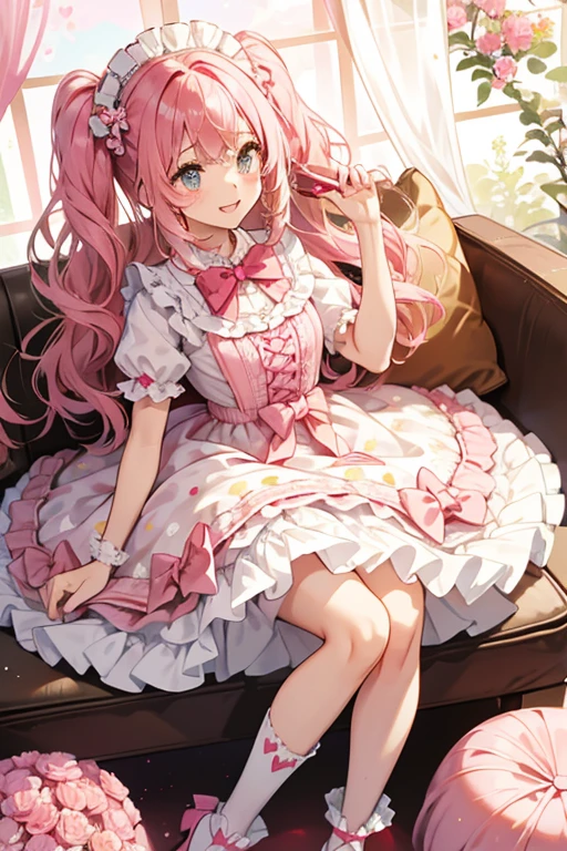 Crumbs has crimped her hair and adorns it with a carnation pink bow. Seeping down from the bow is white frosting covered with hot pink and sunshine yellow sprinkles. A heart-shaped cookie is resting in the center. She wears a white and sunshine yellow checkered dress with a white tulle collar. Around her waist is a sunshine yellow ribbon with tiny white dot print, while the top of her skirt has a scarlet red and tan brown section reminiscent of a cookie. Along the hem of her dress is hot pink tulle. For shoes, she wears carnation pink boots with a chocolate brown sole and hot pink bow on the white toe. Comes with white socks. SPARKLE; GLITTER