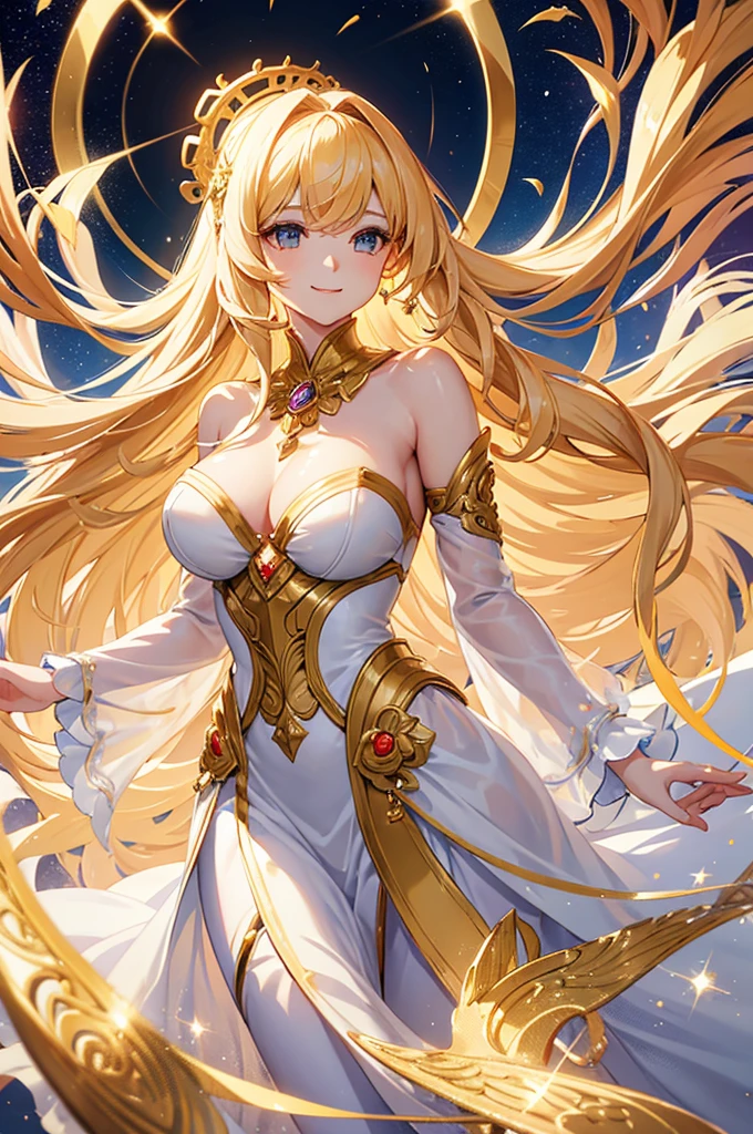 Golden Goddess Seraphina, Majestic Goddess of Love and Magic, Her hair is a cascade of stars, Her eyes shine with mysterious power. Her hands shine warm and charmingly. Her presence is a light of hope and joy. Her golden aura is a sparkling aura of love and protection. Perfect face, Proper body proportion, masutepiece, Super high-quality output images, A high resolution, Intricate details, Very delicate and beautiful hair, photographrealistic, Dreamy, Professional Lighting, realistic shadow, Solo Focus, Beautiful hands, Beautiful fingers, Detailed finger features, detailed clothes features, Detailed hair features, detailed facial features, smiling