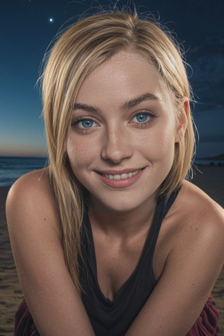 Photographier, photo d'une belle femme, seulement, nue, bronze sur la plage, (nuit), joyeux, heureux, cheveux blond, yeux bleus, finlandais, Texture de la peau, grain photo,