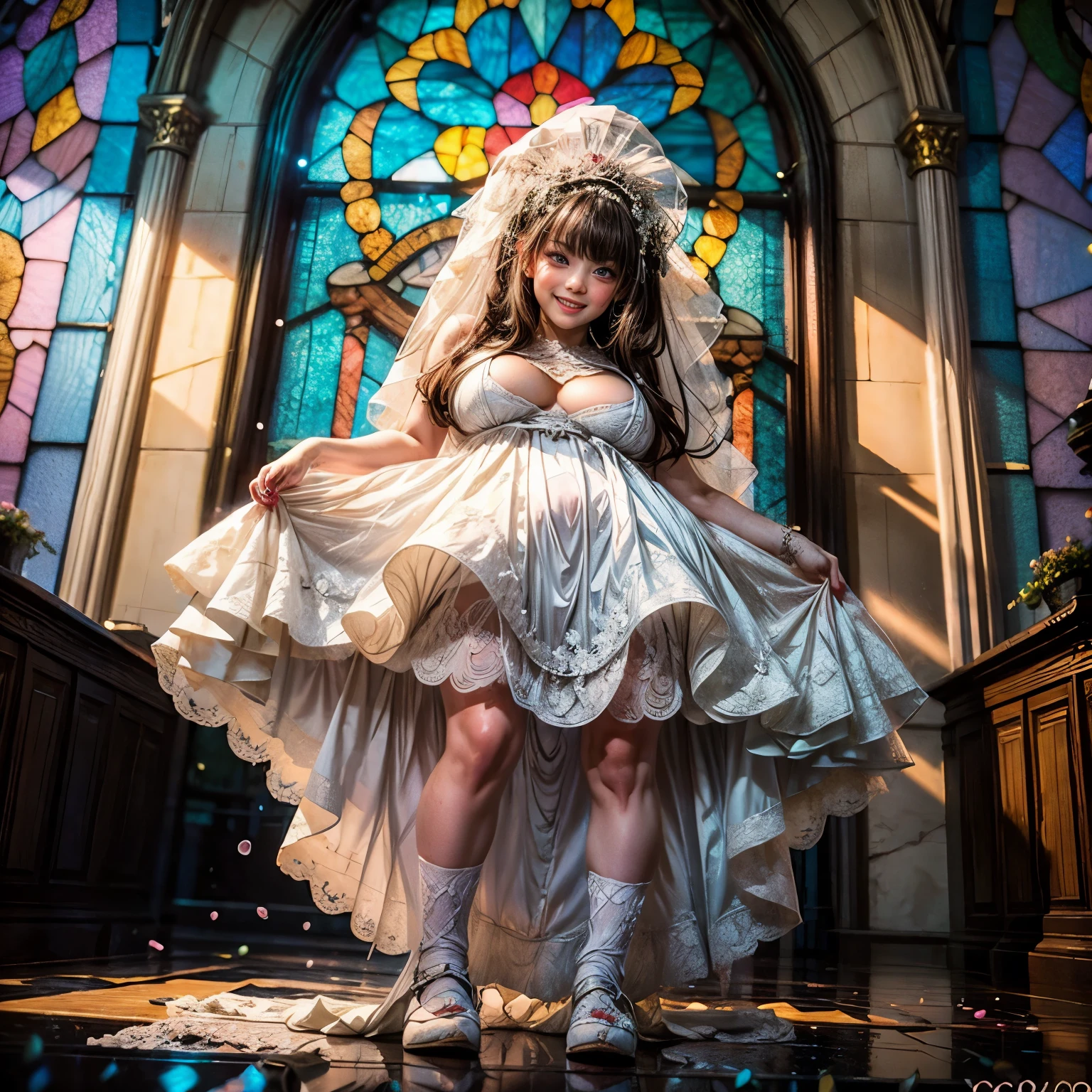 (CeilingShot from Below:1.28), White and Blood Red, (Masterpiece 8K TopQuality:1.2) (ProfessionalPhoto:1.37) ExtremelyDetailed (((FullBody, KAWAII girl with HUGE boobs:1.37)) in (WHITE Lace Wedding MiniDress:1.28)) detailed (Delicate Lace textures), (Detailed(Distant Elaborate Stainedglass Background:1.37) (Tyndall Effect) (Oodles Dazzling NeonColor Particles:1.32)) BREAK ((ZoomLayer, BokeH))PerfectLighting, (((NOGIZAKA FaceVariations))), Extremely Detailed (very KAWAII Face), Childish CaptivatingGaze Stunning ParfectEyes ElaboratePupils with (SparklingHighlights:1.28), Radiant PearlSkin with Transparency . { (Dynamic Joyful expressions LifeLike Rendering:1.4) | (:d) }, (Acutance:0.8) .