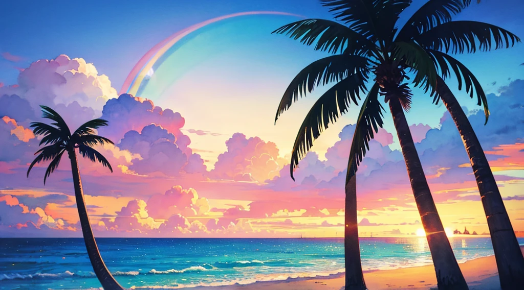watercolor, rainbow sky, moon, beach, palm tree