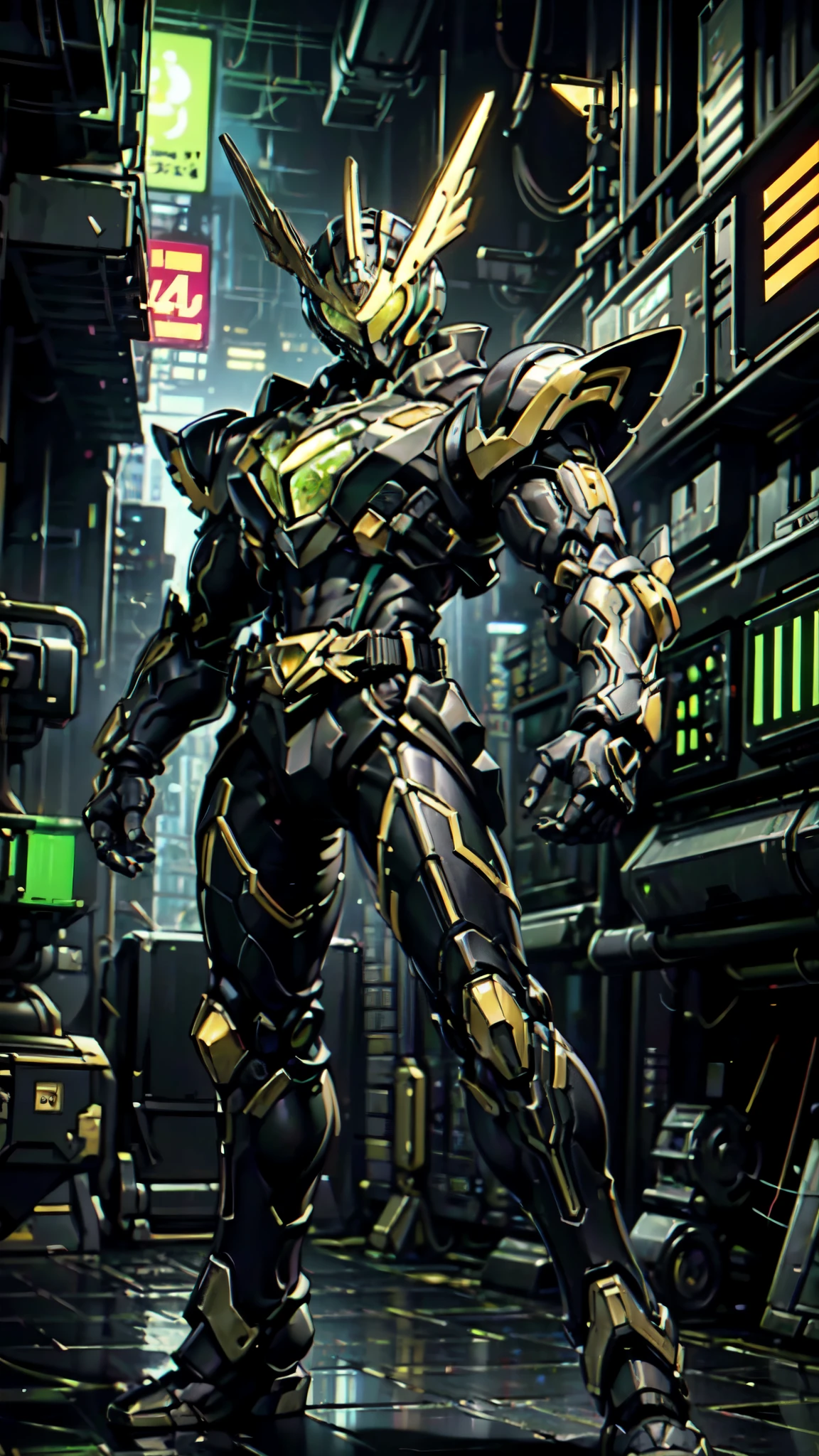 (masterpiece:1.5, best quality:1.5, extremely delicate:1.5, foreshortening:1.5, dynamic angle:1.5), a man wearing a full-face helmet, a fantasy-style biotech armored combat suit, green eyes, (a composite layered chest armor), fully enclosed shoulder guards, matching arm and leg guards, the belt is adorned with neon circuitry, (the color scheme is primarily black glow with green and red accents), the design balances heavy with agility, a high-tech bio-mecha armor, (Armor Concept Inspired by neon Cyberpunk, stand on the top of a skyscraper in a futuristic sci-fi city), this character embodies a finely crafted fantasy-surreal style armored hero in anime style, exquisite and mature manga art style, (element, plasma, energy, the armor glows), ((male:1.5)), metallic, high definition, highres, ultra-detailed, ultra-fine painting, professional, perfect body proportions, golden ratio, anatomically correct, symmetrical face, extremely detailed eyes and face, high quality eyes, creativity, RAW photo, UHD, 32k, Natural light, cinematic lighting, masterpiece-anatomy-perfect
