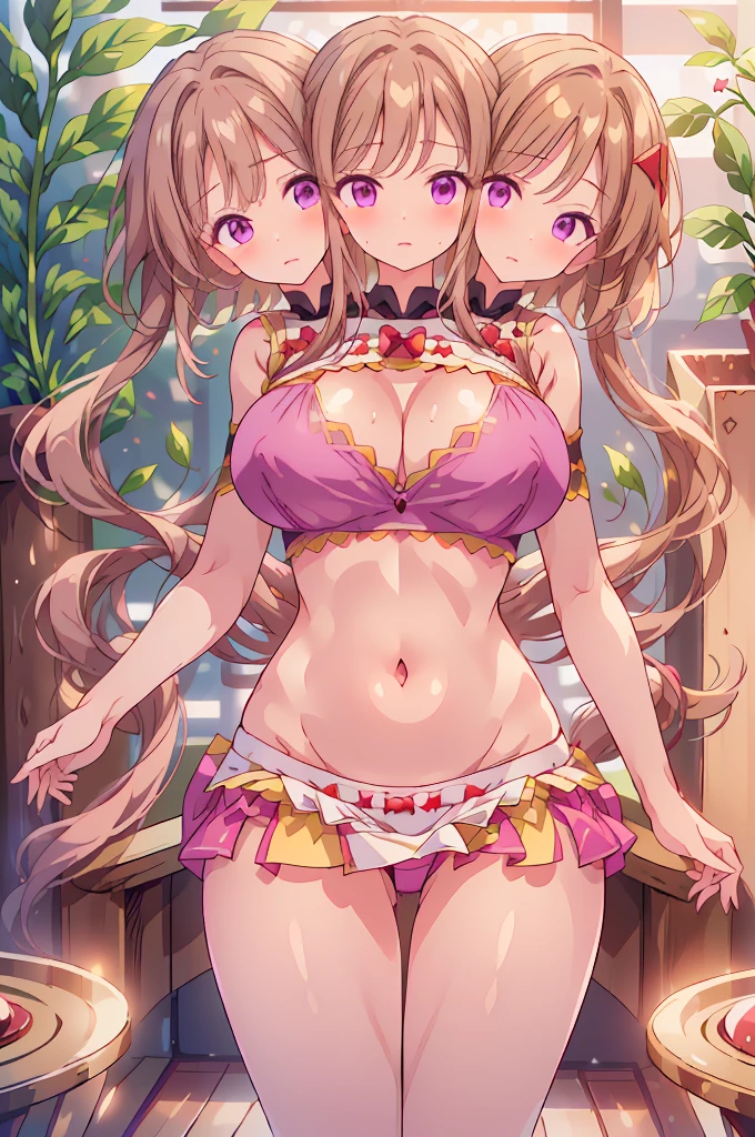 (masterpiece, best quality), best quality, (ultra-detailed), (3heads:1.5), 1girl, (nishida satono:1.3), masterpiece, best quality, ultra quality, ultra resolution, ultra detail, pink top, crop top, ((stomach)), midriff, ((groin)), pink skirt, normal ears, shackles, light ginger hair, (same hair color), very long hair, wavy hair, sidelocks, purple eyes, parted lips, single horn, sweat, cute, toned belly, hand on own chest, eyelashes, (24 year old woman:1.3), (masterpiece:1.5), (best quality:1.5), (beautiful detailed), extremely detailed CG, extremely delicate and beautiful, depth of field, (finely detailed face), (perfect details:1.2), (mature female:1.3), wide pelvis, slender, large veiny breast, 16k resolution, highres, very high quality, very high definition, extremely detailed, masterpiece, light ginger hair, long hair, alluring presence, braid, short skirt, close up, very big tits, huge tits, young, girl with three heads, three headed girl,
