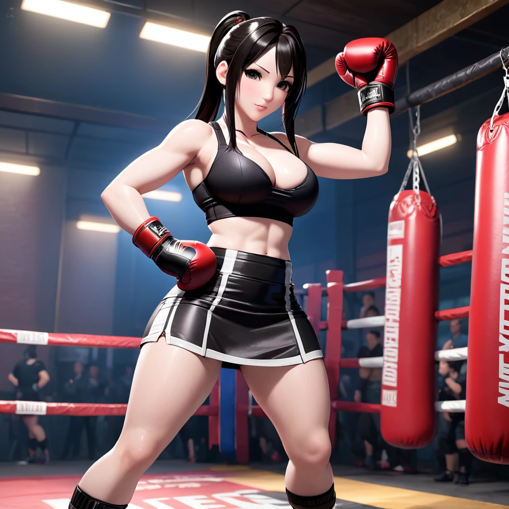 Tifa Lockhart, big  tits, big ass, thick juicy thighs, tight tiny  mini skirt, tight pushup bra,  boxing gloves, flirty naughty posing. 