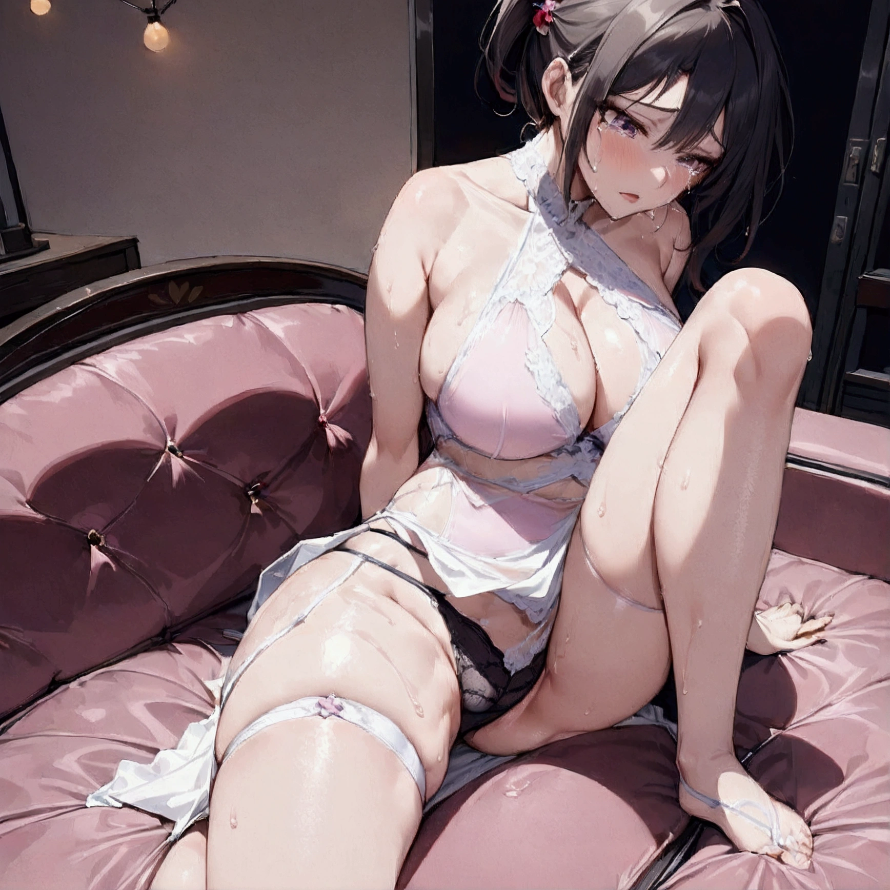 aki Nishikino、(club with bright lights)、(sitting on a red sofa), 40 year old mature woman wearing kinky underwear, (((My panties are soaked with semen.))), sit on a chair with your legs wide apart.、M-shaped legs、best quality, thighs、laugh, blouse,black bra、black panties, thighsと股間が蒸れてる 、big ass、太いthighs、Woman feels sexually aroused、(((club with lights))), reach orgasm, Big tits and ass, Lethargic expression after orgasm, (Sitting with knees wide apart), ((crying very much)), Big tits and ass, (((thighs 사이를 완전히 벌리고 있다))), ((My whole body is wet with water.))
