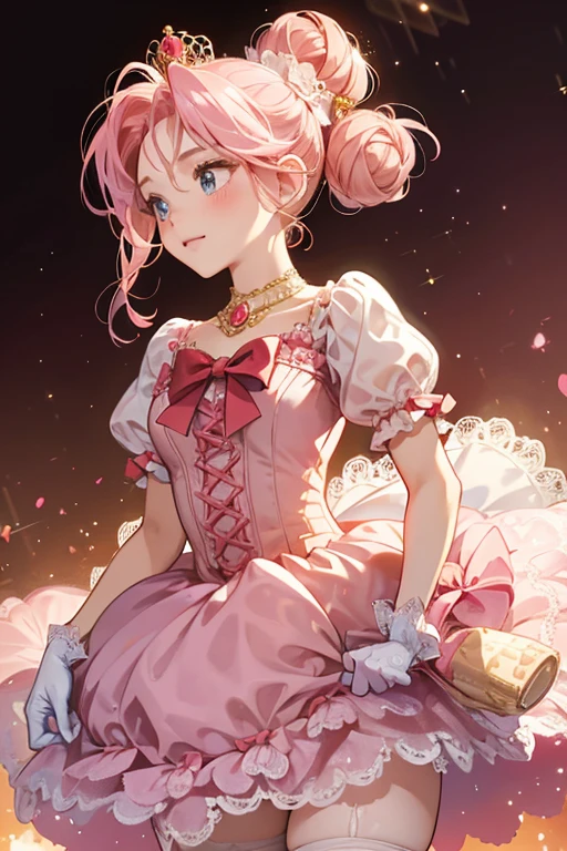 Crumpet is a tan-skinned girl with carnation pink cheeks. She has curly pink hair done up into a large bun. Just below her bun is a gold tiara that is encrusted with rubies. Crumpet wears a silky carnation pink dress with puffy sleeves, patterned with red hearts. The dress is adorned with two pearl necklaces, a red bow tie that has a gold heart-shaped button in the middle, white lace across the waistline, red bows across the hem, and a spotted red tulle petticoat. In addition, she wears long white gloves and pink ballet slippers with golden bows held by red ribbons. SPARKLE; GLITTER
