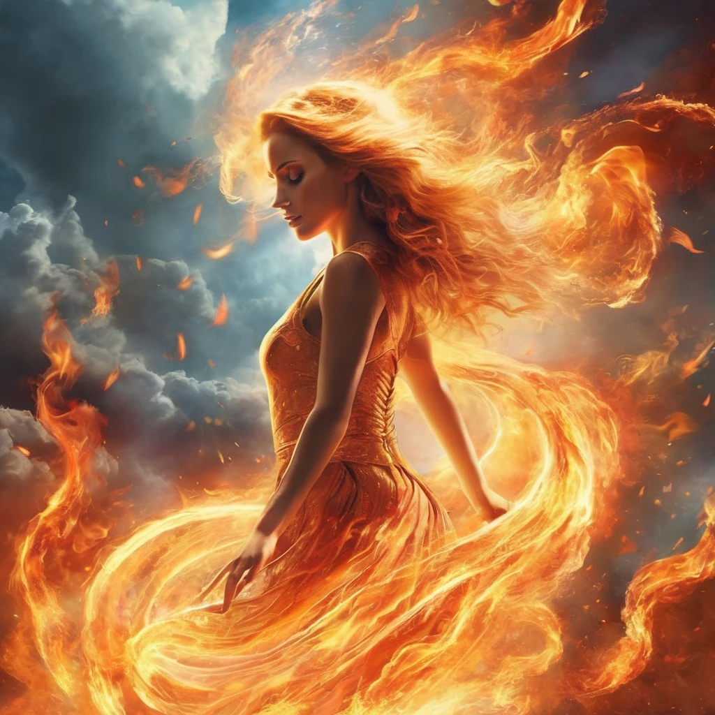 (Masterpiece, high quality, best quality, official art, beauty and aesthetics:1.2),(fire element:1.1),composed of fire elements,(1girl:1.2),burning,transparency,fire,(molten rock),flame skin,flame print,fiery hair,smoke,cloud,(radiant:1.1),(flames soaring:1.2),(reigniting the divine fire:1.2),ukl,