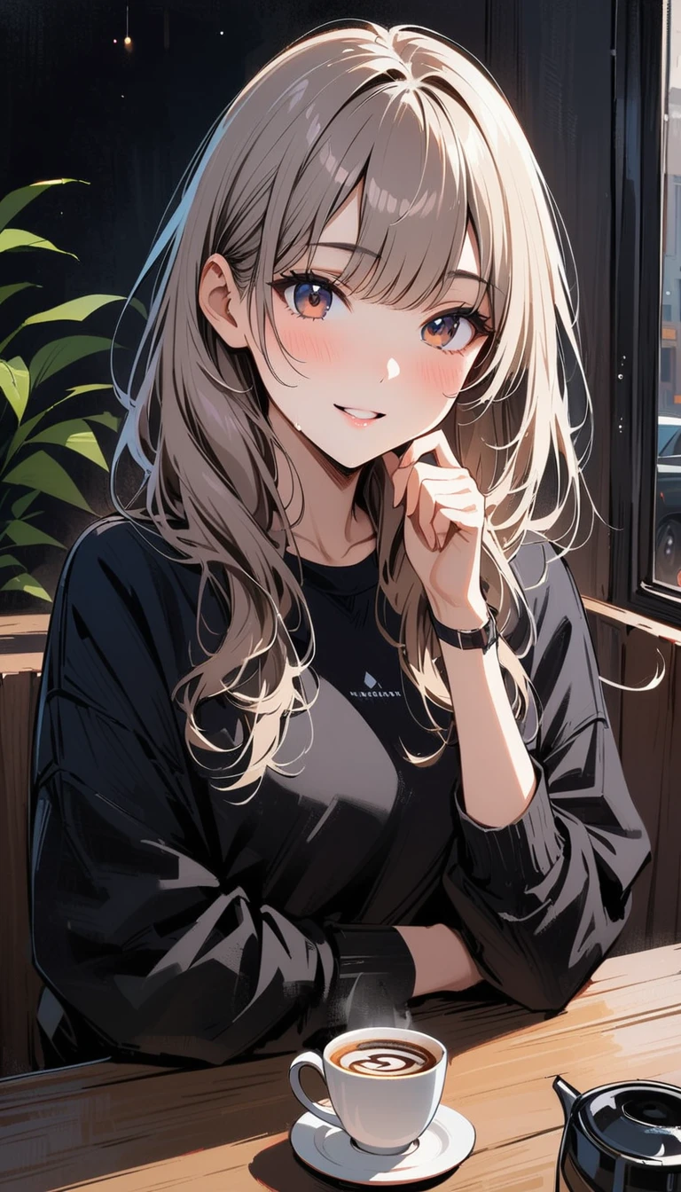 (masterpiece, best quality:1.2), 1 very beautiful girl, alone, Happy expression looking at the camera in a coffee shop, Precise face, fragrant coffee, beauty, whole body, simple background, Nizi 5,