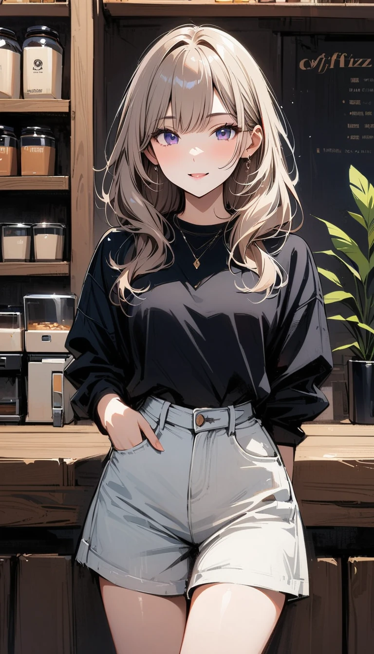 (masterpiece, best quality:1.2), 1 very beautiful girl, alone, Happy expression looking at the camera in a coffee shop, Precise face, fragrant coffee, beauty, whole body, simple background, Nizi 5,