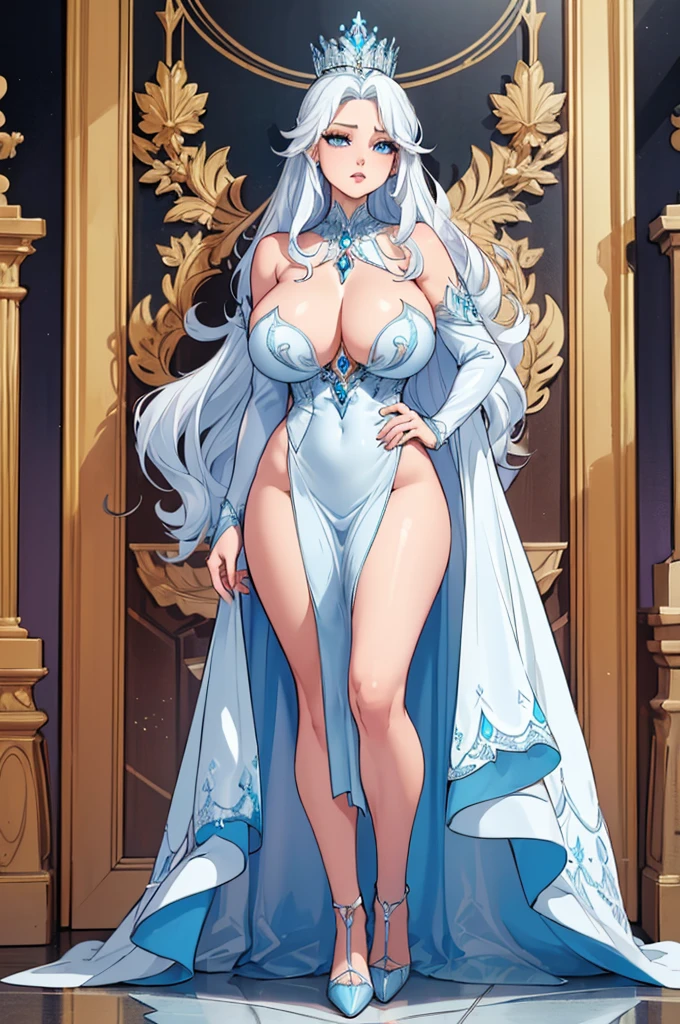 (masterpiece, best quality, high resolution, ((full body, standing,))((huge breasts ))1 woman, 1 elegant looking ice queen, very spectacular ice queen dress, ice jewelry and crown, very long white hair (( full body))