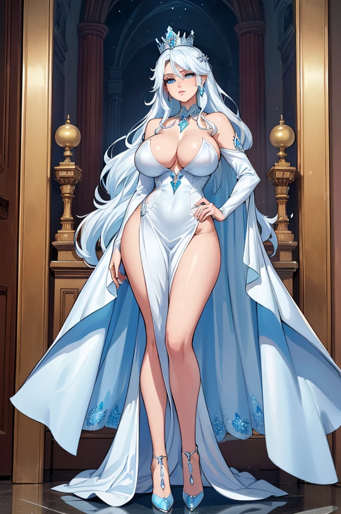 (masterpiece, best quality, high resolution, ((full body, standing,))((huge breasts ))1 woman, 1 elegant looking ice queen, very spectacular ice queen dress, ice jewelry and crown, very long white hair (( full body))
