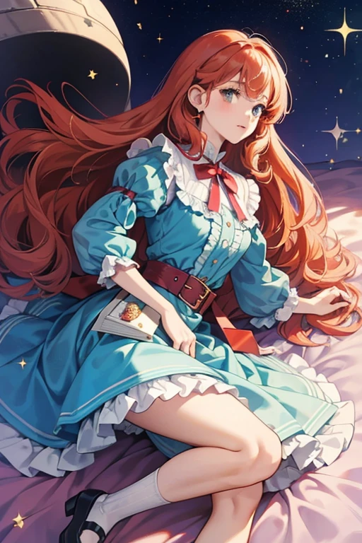 Curls 'N' Locks lives up to her namesake. She has fair skin with bright red cheeks and curly golden hair. Her bangs look uneven, with a single lock curling down on both sides and cheek length hair worn with two blue ribbons.
Curls wears a yellow dress with puffed sleeves with dark blue lining, a blue sash belt, pastel blue pockets, and a two-layered skirt with ruffles on both of them. She wears white socks and pastel blue Mary Janes. SPARKLE; GLITTER