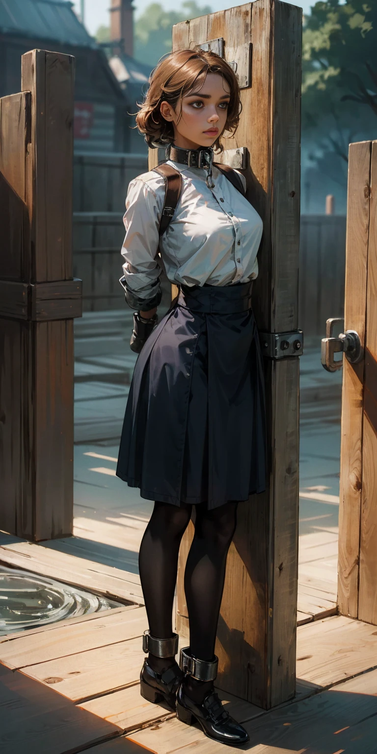 (masterpiece, best quality),  intricate details,
1girl,  phSaber, 
 (standing by wooden pole:1.2),  iron collar, arms behind back,  iron cuffs, shackles, bound,