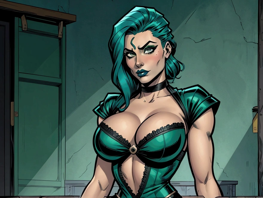 beautiful,eyes green,blue hair, Green johger AND black top, female,1girl, busty. Voluptuos. Comic style. Marvel comics.