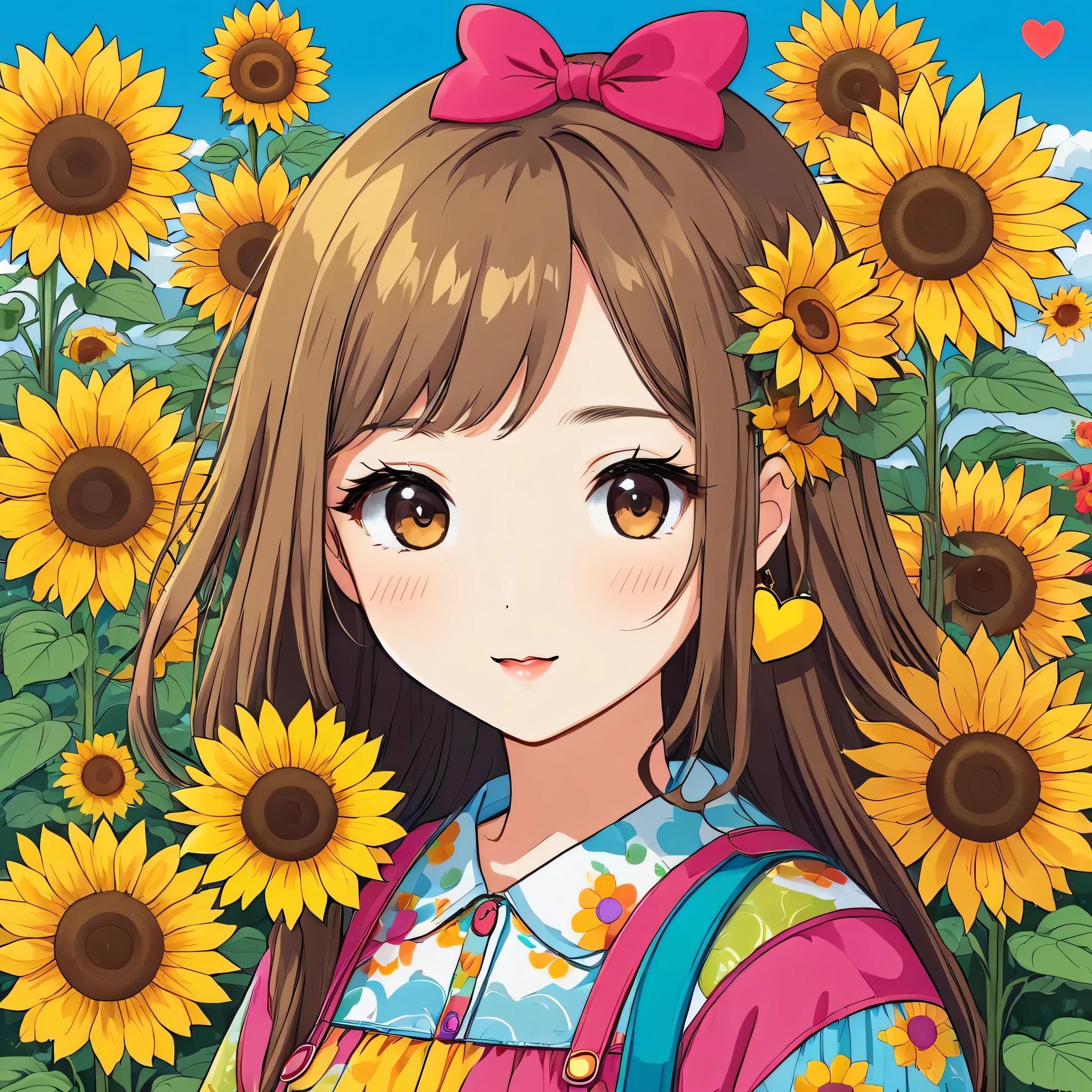 Takashi Murakami style, Simple Line Initialism,Abstract art,Kawaii Design, The most beautiful girl of all time, The background is sunflowers, colorful hearts, colorful flowers,