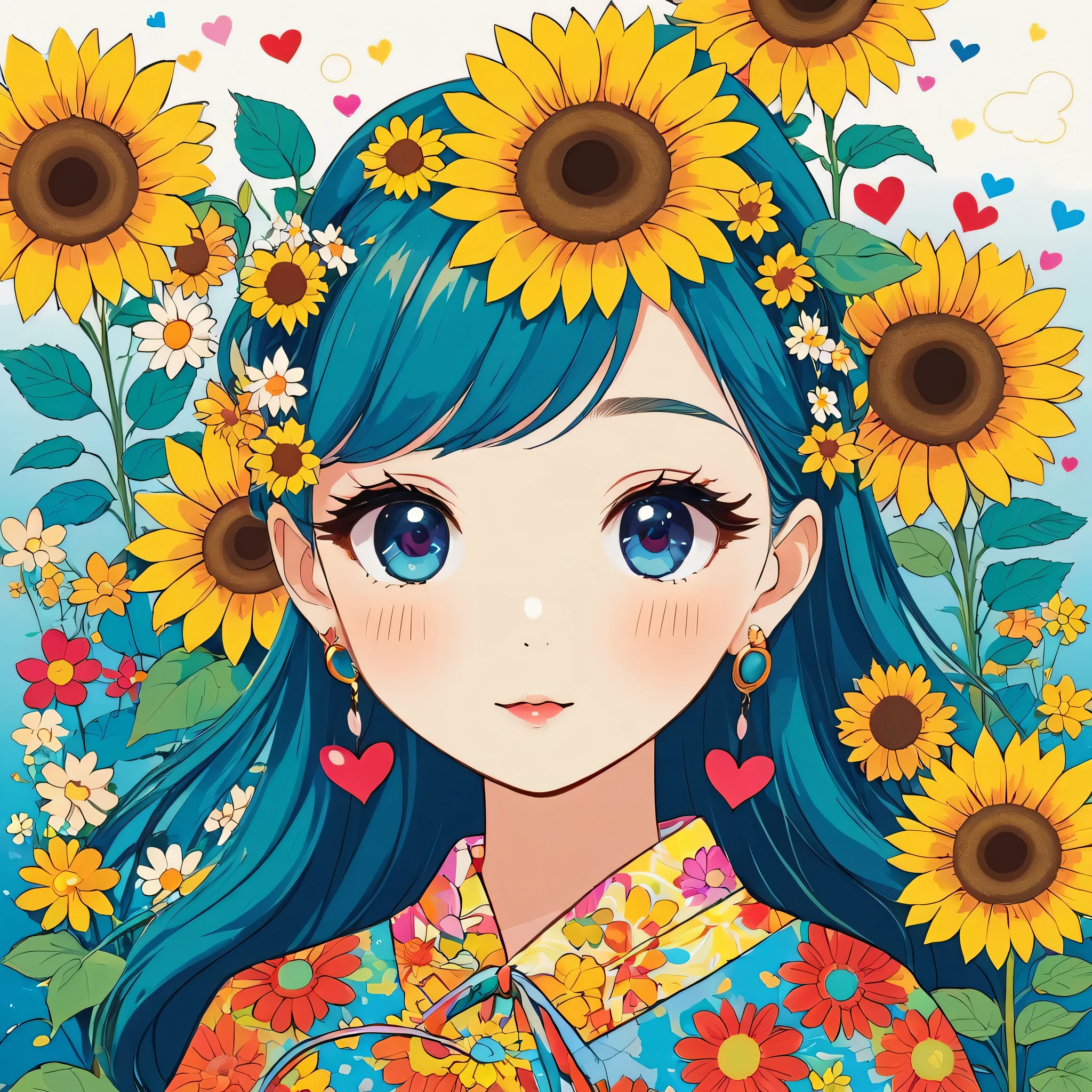 Takashi Murakami style, Simple Line Initialism，Abstract art，Kawaii Design, The most beautiful girl of all time, The background is sunflowers, colorful hearts, colorful flowers,