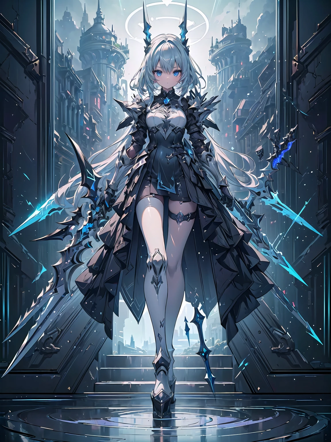 (((masterpiece, best quality, high detailed, 8k))) Design a layout showcase Gaming character, (1girl). Silver|Blue clothes, stylish and unique. ((showcase weapon:1.4)), lightning rod. (masterpiece:1.2), (best quality), 4k, ultra-detailed. (Step by step design, layout art:1.5), (luminous lighting, atmospheric lighting). storm mage, ((glove full hands)), (((revealing clothes:1.3))), vambraces, armored legwear, (((full_body_shot:1.4))). {During a thunderstorm}.