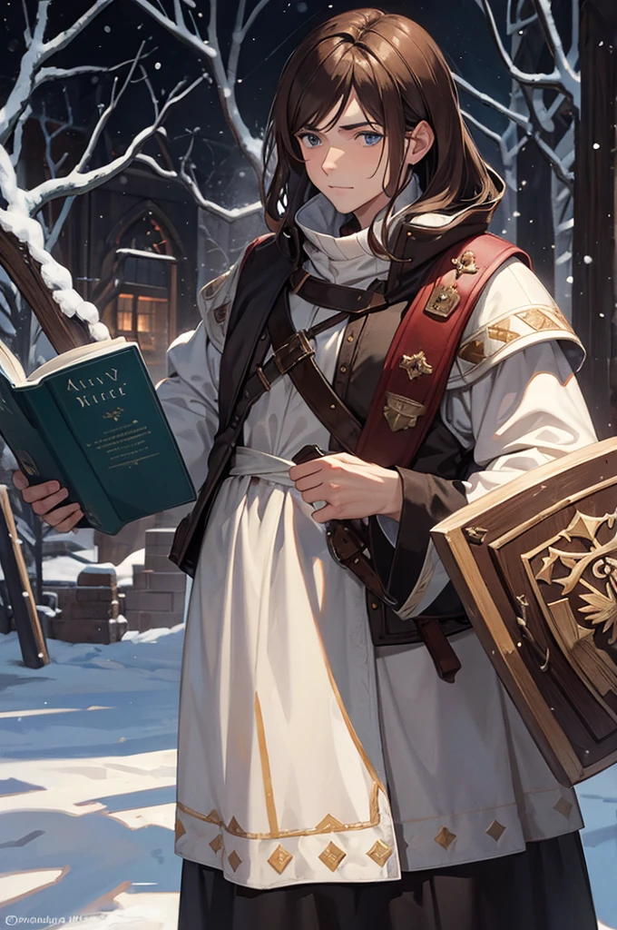 Brown-haired adult man in medieval winter clothes with a shield in one hand and a book in the other