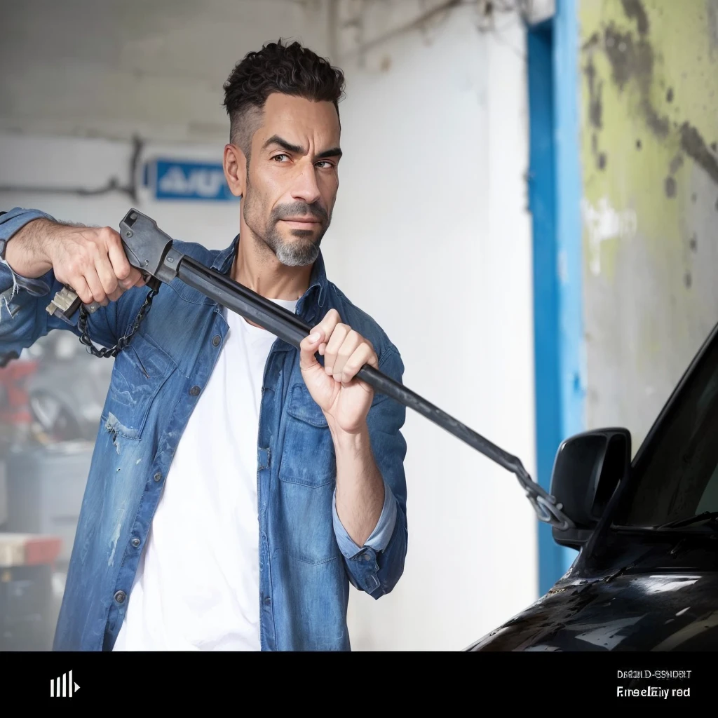 arafed man holding a key and a car in a garage, powerful detail, Very powerful, mechanic, brandishing a key, old charismatic mechanic, image exploitable, commercial photo, torn clothes holding a whip, very precise photo, holding a key, accurate representation, wielding a crowbar, holding a crowbar, clean image, very funny, by Étienne Delessert