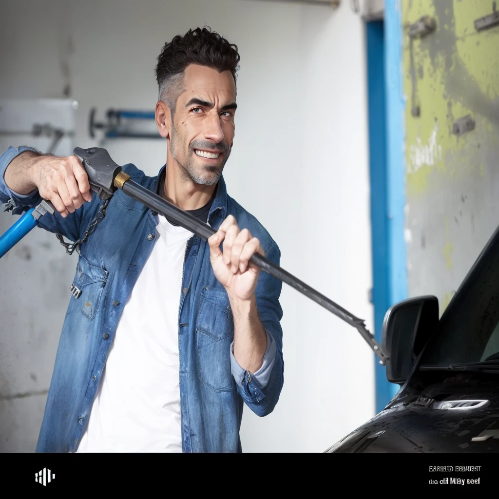 arafed man holding a key and a car in a garage, powerful detail, Very powerful, mechanic, brandishing a key, old charismatic mechanic, image exploitable, commercial photo, torn clothes holding a whip, very precise photo, holding a key, accurate representation, wielding a crowbar, holding a crowbar, clean image, very funny, by Étienne Delessert
