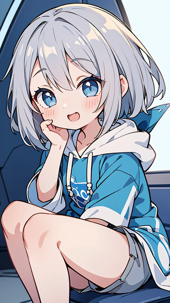 masterpiece、Very detailed、(One Girl:1.2)、Gray Hair、hoodie、Big eyes、Close-up、Laughter、8K、short hair、Gray shorts、(((Anime Style)))、Shining Eyes、Open your mouth,Blue Eyes
