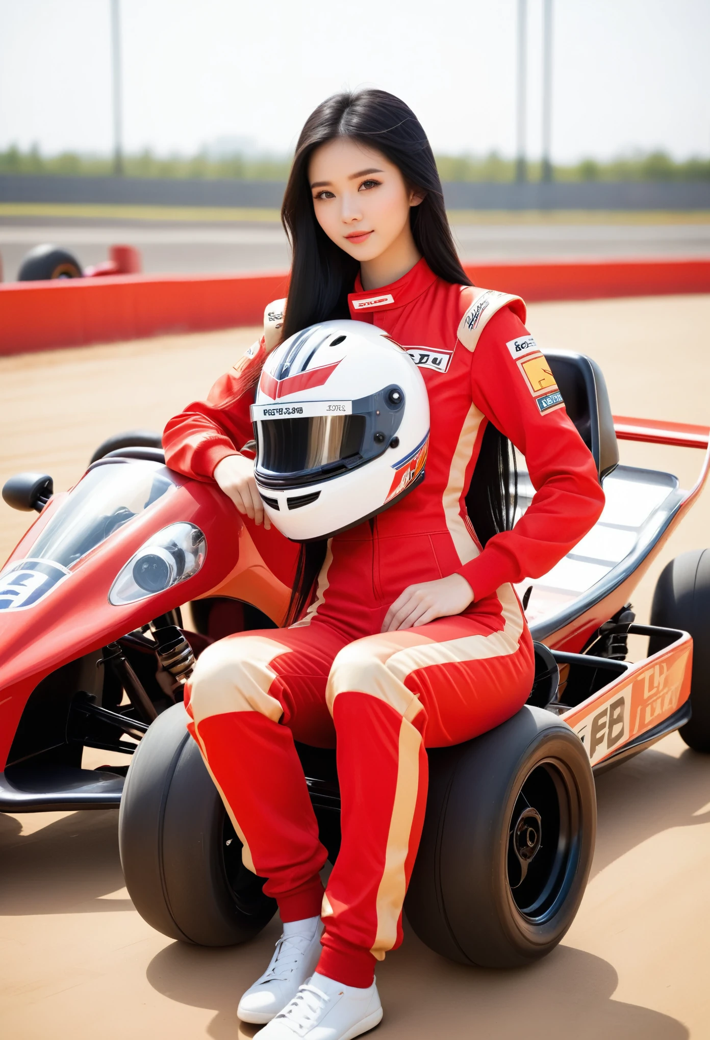 20 year old female, black hair, long straight hair, photo of the whole body in a racing suit with a red and beige color scheme, holding a helmet, G tapes on the , sitting next to a go kart track, in the style of a Chinese car show photoshoot, cute and charming expression, super realistic skin texture, professional photography, high definition, high resolution, high details, full HD