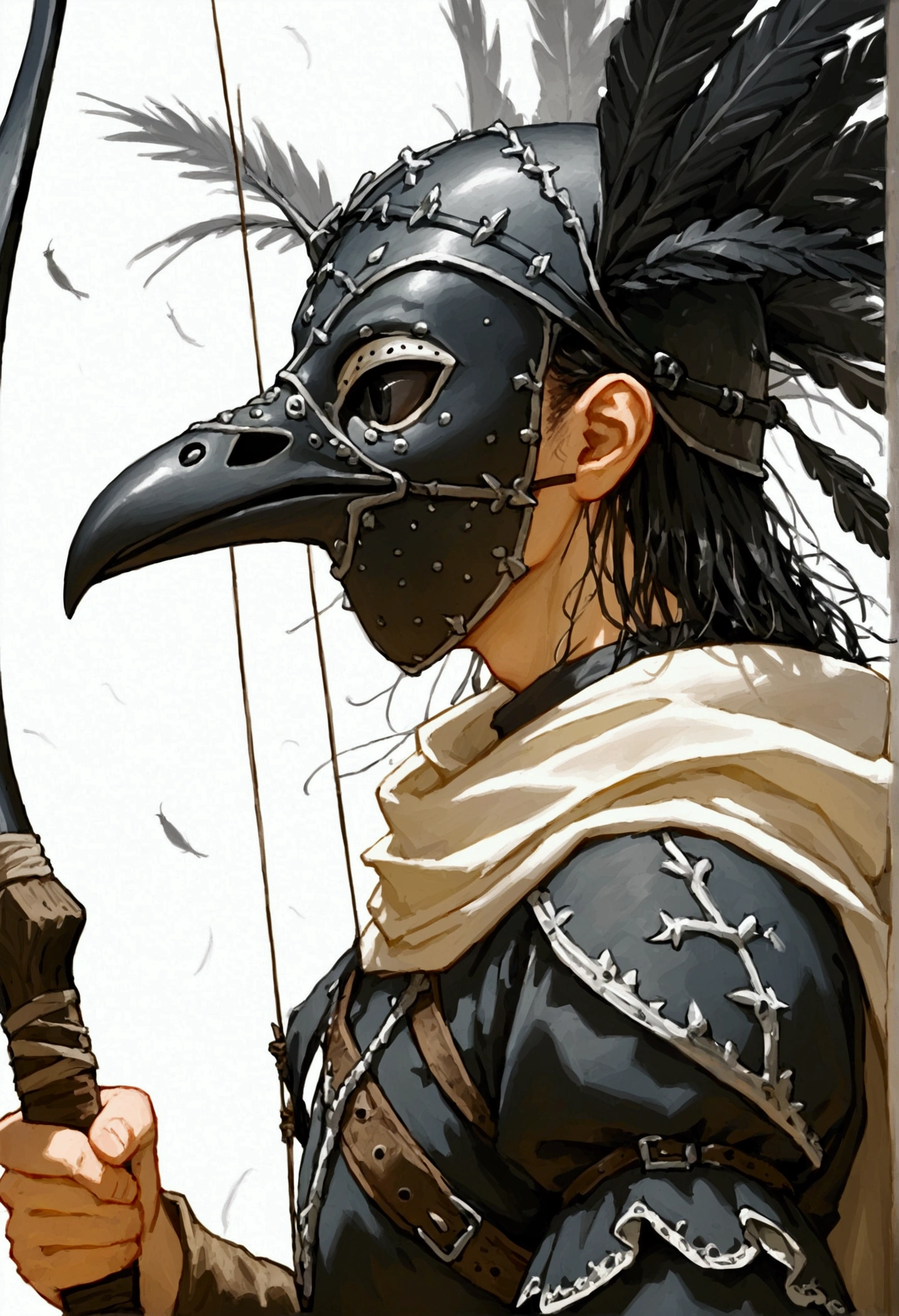 White background,A person,looking left,holding a bow and arrow straight,the person wears black medieval clothes,old and shabby,with a mask that goes from the nose to the forehead,the mask has black eyes,the mask is dark gray,with feathers on the head and a crow's beak,a white man