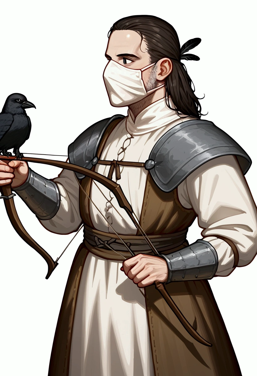White background,A person,looking left,holding a bow and arrow straight,the person wears black medieval clothes,old and shabby,with a mask that goes from the nose to the forehead,the mask has black eyes,the mask is dark gray,with feathers on the head and a crow's beak,a white man