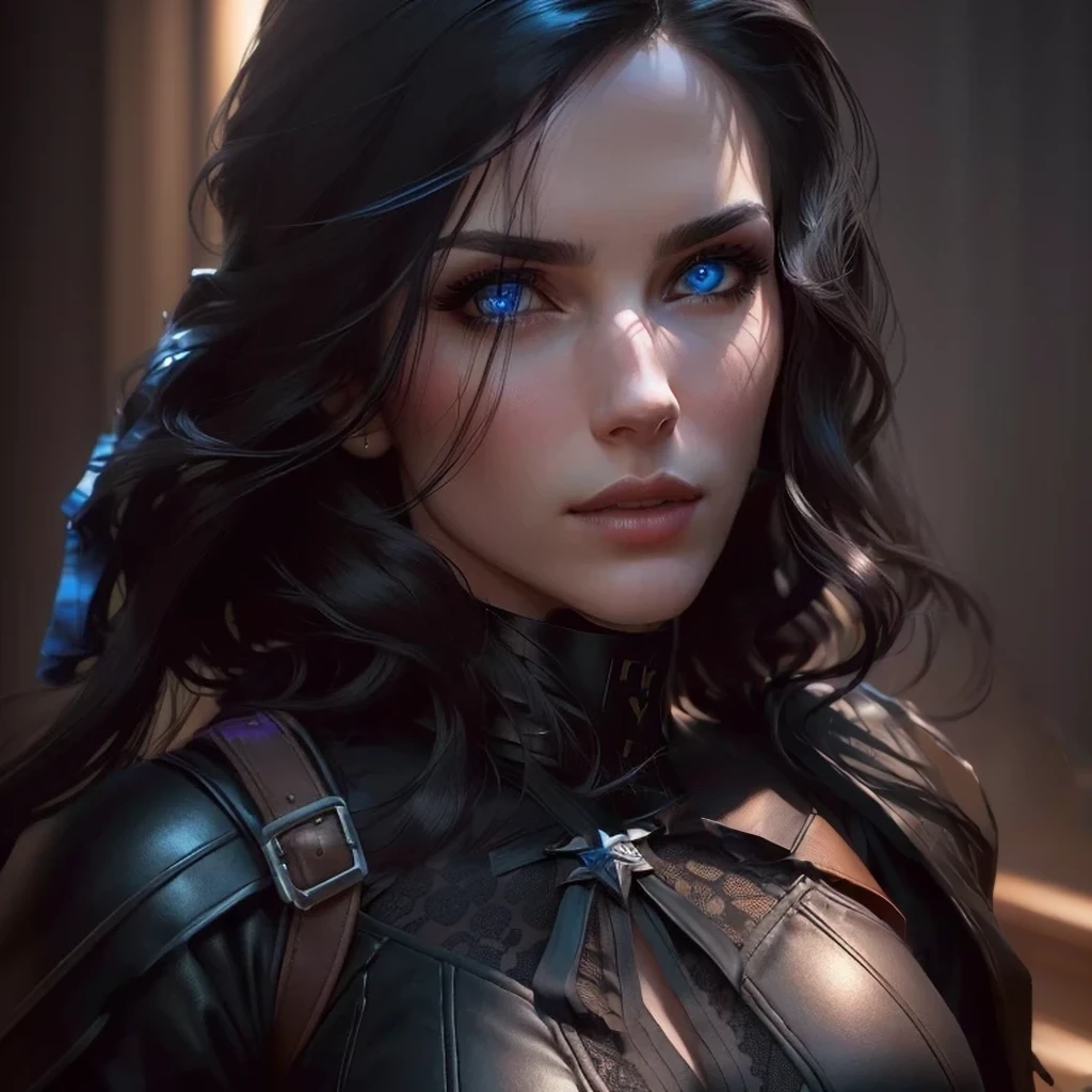 The image of a woman who has violet eyes and dark hair. Her gaze is directed towards shipping. She wears a sexy black sorceress outfit that shows off her large, sexy breasts and contrasts sharply with her skinny, sexy breasts. The background is minimalist, featuring a dark, smooth surface that further emphasizes the subject. yennefer, Yennefer of Vengerberg, 8k portrait rendering, cinematic bust portrait, 8k 3D rendering character art, cinematic realistic portrait, [4k photorealism], female character, mirabel madrigal rendering, 4k photorealism, 4k photorealism