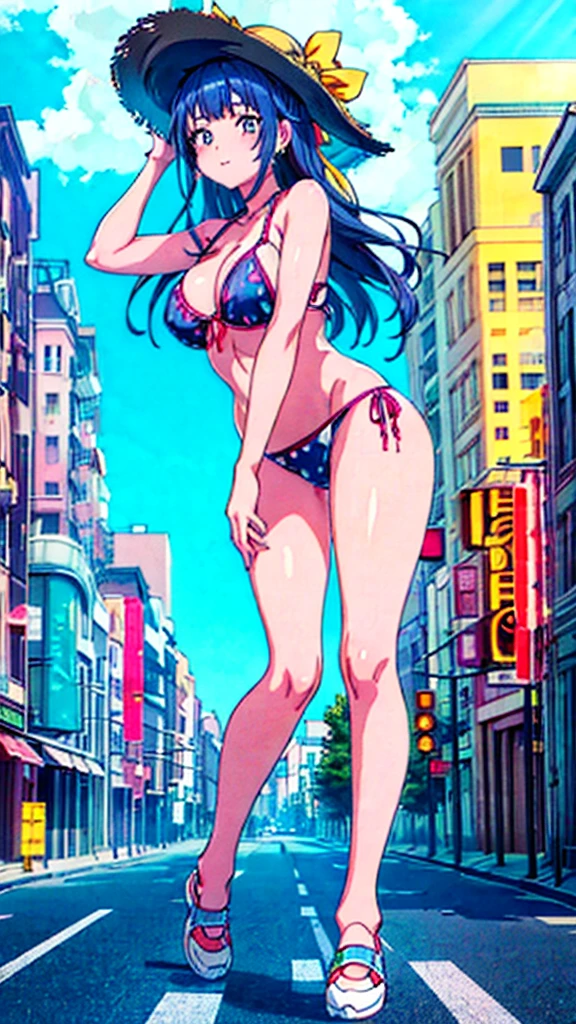 masterpiece　　Unreal Engine　Anime Style　Delicate painting　4K　90's　giant　Multiple Girls　crowd　 　Local metropolis　Residential Street　apartment　Apartment　　((高層apartment街の谷間に立っている巨大なBikini Swimwearの女の子)) blue sky　cumulonimbus　sun shine　Bikini Swimwear　paola　sneakers　Straw hat　　smile　female giant giant girl Whole body 　 Destroyed skyscrapers Destroyed cars Crowd Unreal Engine,cleavage ,a drawing of a , earrings, long hair, 1980s (style) Cute picture　Beauty　Analog style　whole body　sneakers　