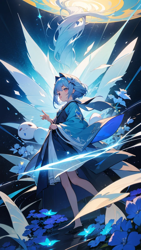 Highest quality,masterpiece,colorful,The background is the deep blue sea,Transparency,Use HDR technology to create a sense of depth,beautiful,beautiful自然,5 year old girl,Alone,Wearing a wizard's robe,Stand in the center of the screen,The whole body faces this way,Look diagonally forward to the left,Put your right hand forward in a three-dimensional way,A star-like light from the right,Light magic from the right hand,Narrow and gentle eyes,mysterious,Silver hair decorated with blue flowers,Fantasy atmosphere,beautiful虹色の蝶々is flying in the air