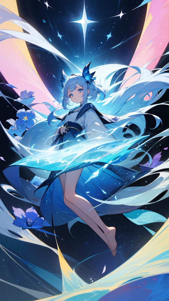 Highest quality,masterpiece,colorful,The background is the deep blue sea,Transparency,Use HDR technology to create a sense of depth,beautiful,beautiful自然,5 year old girl,Alone,Wearing a wizard's robe,Stand in the center of the screen,The whole body faces this way,Look diagonally forward to the left,Put your right hand forward in a three-dimensional way,A star-like light from the right,Light magic from the right hand,Narrow and gentle eyes,mysterious,Silver hair decorated with blue flowers,Fantasy atmosphere,beautiful虹色の蝶々is flying in the air