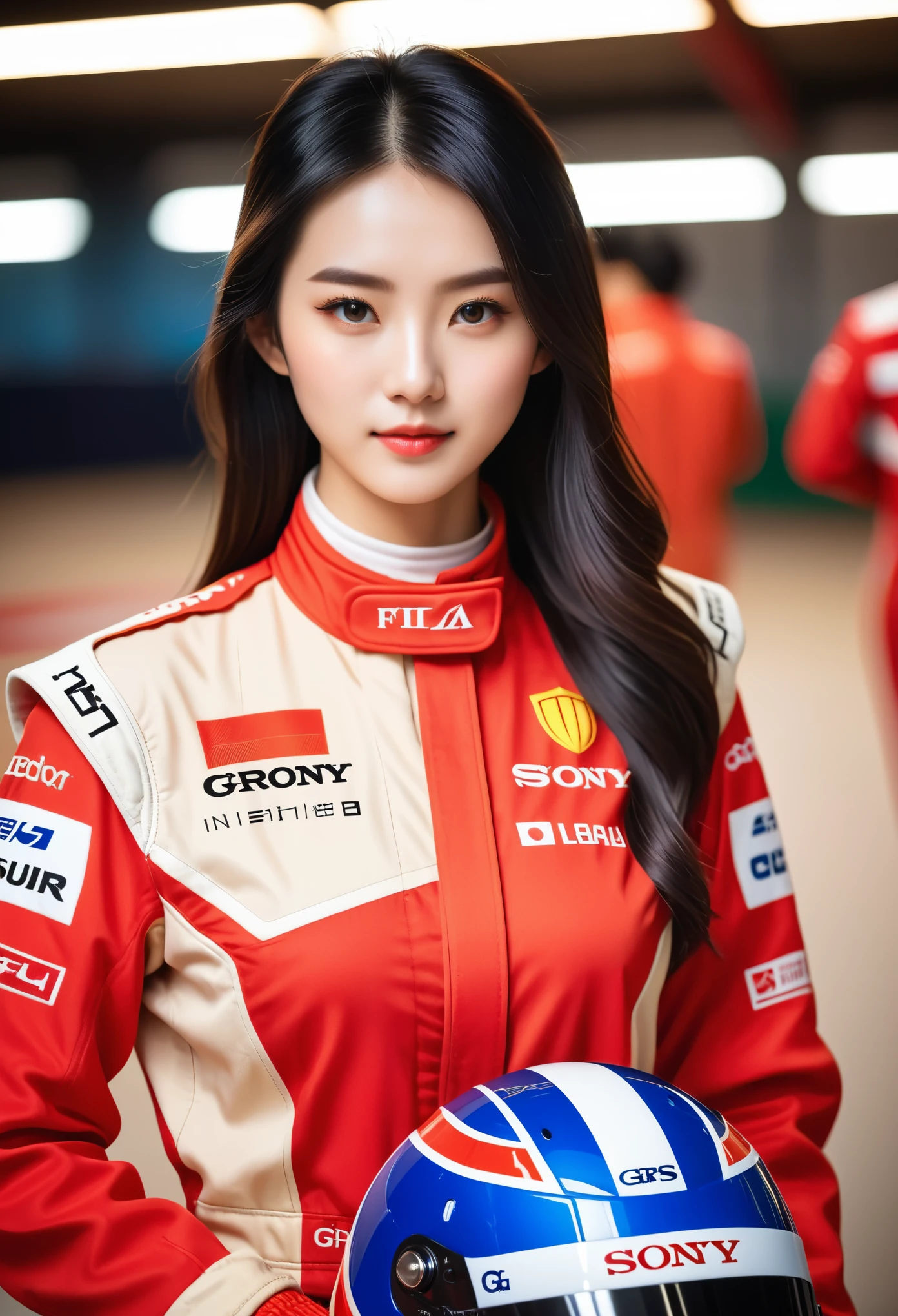 Chinese beautiful female racing driver wearing red and beige Fia style with the logo "G cruor" holding her helmet in front of an indoor kart track, with beautiful lighting, posted on WeChat as real life photos from home. 20 years old Chinese girl, photo realistic, natural skin tone, long black hair, no makeup, shot with a Sony A7 III camera, in the style of Sony A7 III camera.